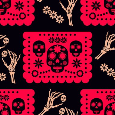Ölüler Günü, Dia de los Muertos, Cadılar Bayramı kafatası, çelenk, çelenk, iskelet, kadife çiçeği desenli kusursuz Cadılar Bayramı şenliği. Şablon tatil arka plan Vektör illüstrasyonu