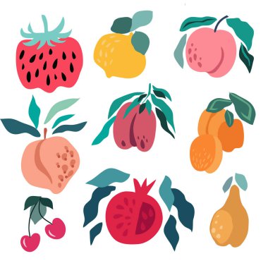 Yaz tasarımı için modern yaratıcı meyve seti. Limon, armut, şeftali, kayısı, erik, kiraz, ahududu tekstil, kağıt, örtü, kumaş, iç dekorasyon, ambalaj, ambalaj. Vektör şirin illüstrasyon