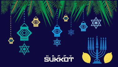Mutlu Sukkot- şablon posteri, afiş. Sukkah, limon, etrog, lulav, Arava, Hadas 'lı Yahudi ziyafeti. Beyaz arka planda izole edilmiş. Vektör illüstrasyonu.