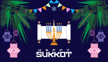 Mutlu Sukkot- şablon posteri, afiş. Sukkah, limon, etrog, lulav, Arava, Hadas 'lı Yahudi ziyafeti. Beyaz arka planda izole edilmiş. Vektör illüstrasyonu.
