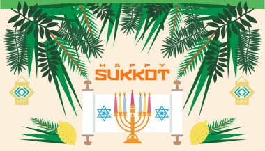 Mutlu Sukkot- şablon posteri, afiş. Sukkah, limon, etrog, lulav, Arava, Hadas 'lı Yahudi ziyafeti. Beyaz arka planda izole edilmiş. Vektör illüstrasyonu.