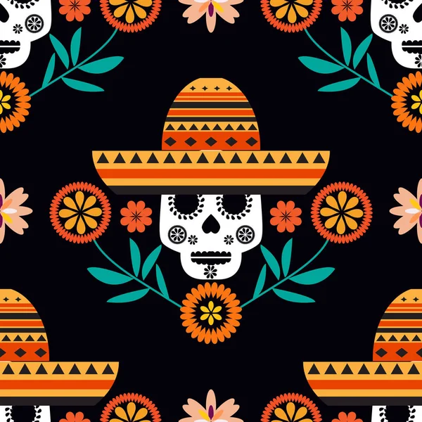 メキシコのシームレスなパターン 砂糖の頭蓋骨とカラフルな花 Dia Los Muertos 死者の日 ハロウィン ベクターイラスト — ストックベクタ