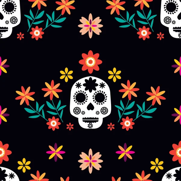Meksika desensiz şekeri, şeker kafatası ve renkli çiçekler Dia de Los Muertos, Ölüler Günü. Cadılar Bayramı. Vektör illüstrasyonu.