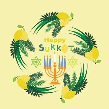 Mutlu Sukkot- şablon posteri, afiş. Sukkah, limon, etrog, lulav, Arava, Hadas 'lı Yahudi ziyafeti. Beyaz arka planda izole edilmiş. Vektör illüstrasyonu.