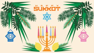 Mutlu Sukkot- şablon posteri, afiş. Sukkah, limon, etrog, lulav, Arava, Hadas 'lı Yahudi ziyafeti. Beyaz arka planda izole edilmiş. Vektör illüstrasyonu.