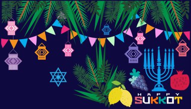 Mutlu Sukkot- şablon posteri, afiş. Sukkah, limon, etrog, lulav, Arava, Hadas 'lı Yahudi ziyafeti. Beyaz arka planda izole edilmiş. Vektör illüstrasyonu.