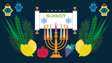 Mutlu Sukkot- şablon posteri, afiş. Sukkah, limon, etrog, lulav, Arava, Hadas 'lı Yahudi ziyafeti. Beyaz arka planda izole edilmiş. Vektör illüstrasyonu.