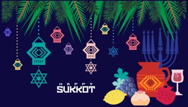 Mutlu Sukkot- şablon posteri, afiş. Sukkah, limon, etrog, lulav, Arava, Hadas 'lı Yahudi ziyafeti. Beyaz arka planda izole edilmiş. Vektör illüstrasyonu.