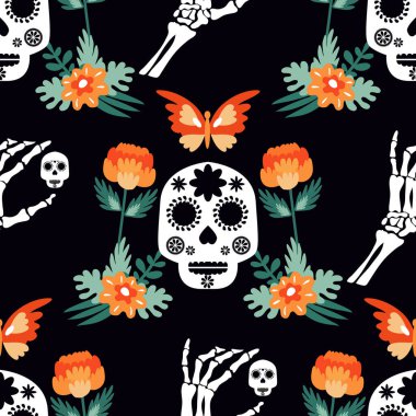 Ölüler Günü, Dia de los Muertos, cadılar bayramı kafatası, iskelet eller, kadife çiçekleri. Şablon tatil arka plan Vektör illüstrasyonu