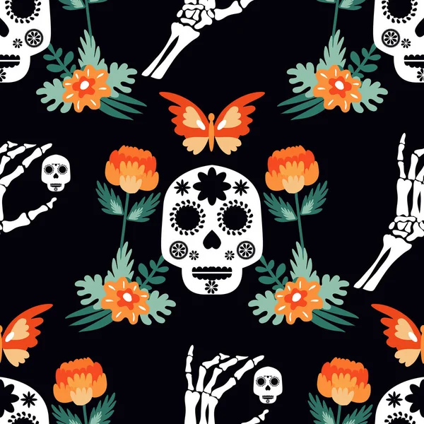 Ölüler Günü, Dia de los Muertos, cadılar bayramı kafatası, iskelet eller, kadife çiçekleri. Şablon tatil arka plan Vektör illüstrasyonu
