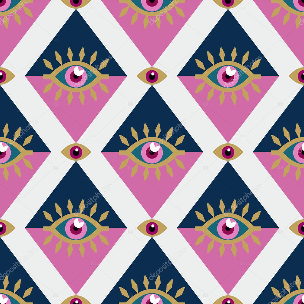 Awesome  seamless pattern with esoteric eye different shapes, Magic, witchcraft, occult symbol,  colorful line art. Tenplate design fabric, paper, textile. Vector Modern mythic graphic background illustration. 
