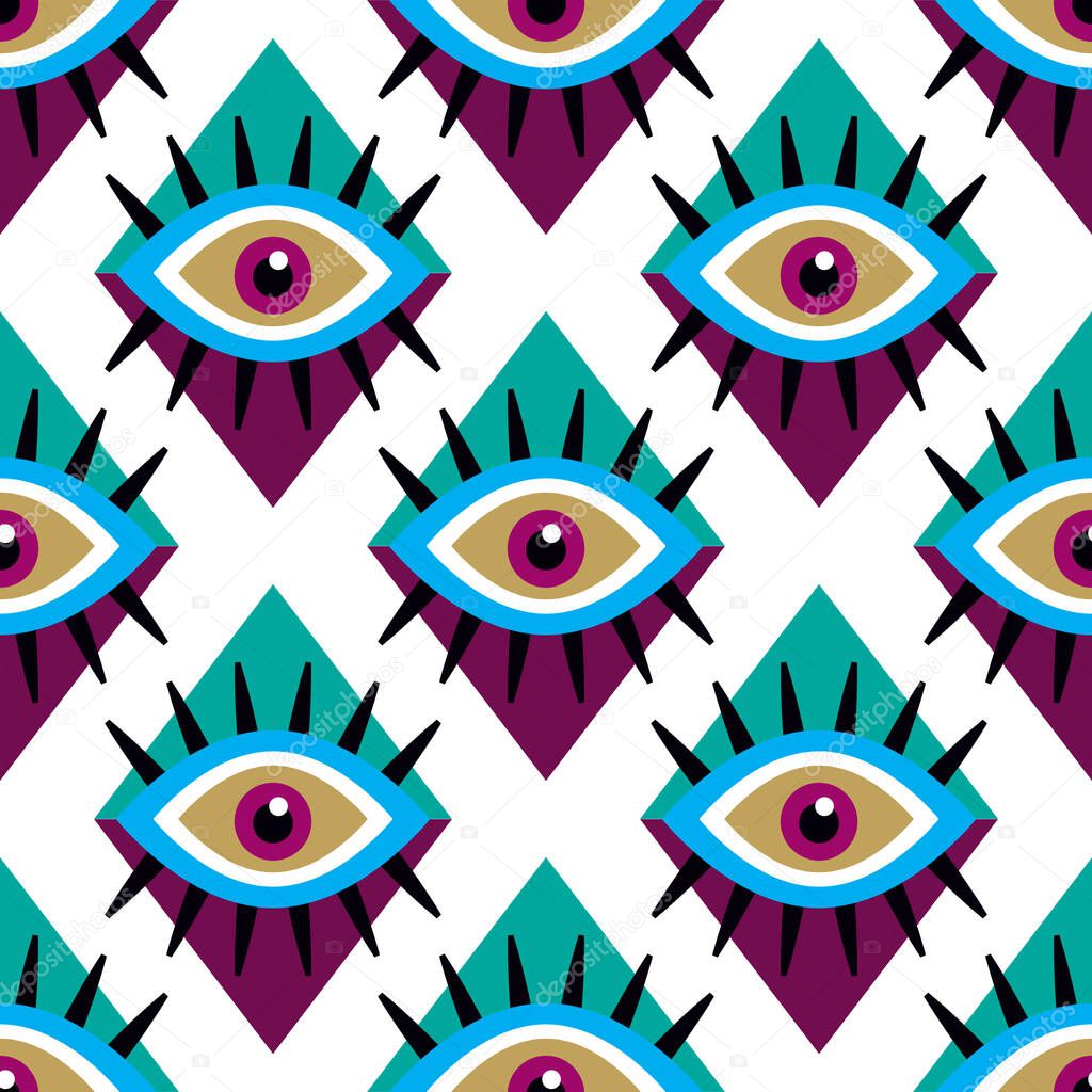 Awesome  seamless pattern with esoteric eye different shapes, Magic, witchcraft, occult symbol,  colorful line art. Tenplate design fabric, paper, textile. Vector Modern mythic graphic background illustration. 