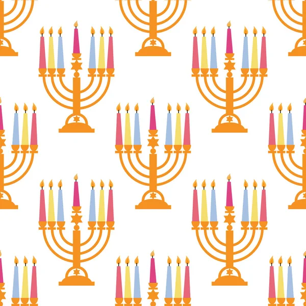 Традиційний Безшовний Візерунок Золотою Люттю Яскравими Свічками Perfect Hanukkah Festival — стоковий вектор
