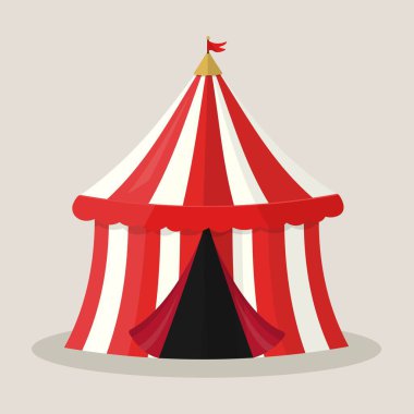 Red & white striped circus tent vector illustration  big top entrance with open curtains and flag; flat editable vector for carnival posters, banners, event design, web, print, invitation templates