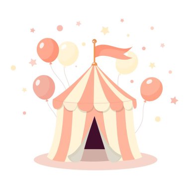 Cute flat vector illustration of a circus tent with colorful balloons and stars. Playful and cheerful design perfect for kids illustrations, posters, party invitations, and decorations.