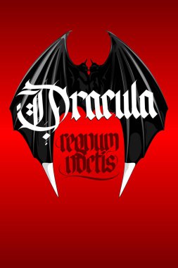 Drakula Regnum Noctis elle çizilmiş, yarasa kanatları olan bir poster ve Latince 'de 