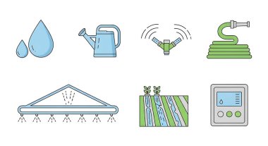 Çiftçilik ve bahçıvanlıkta kullanılan çeşitli sulama yöntemlerini ve araçlarını temsil eden basit simgelerin toplanması