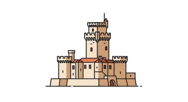 Beyaz arka planda birden fazla kulesi ve siperleri olan bir karikatür tarzı ortaçağ şatosu.