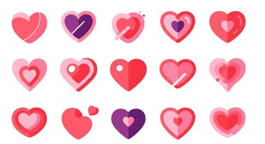 Kırmızının ve pembenin çeşitli tonlarında, beyaz arkaplanda mor aksanlı 16 kalp simgesi.