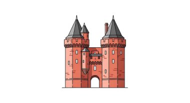 İkiz kuleleri ve giriş kemeri olan bir ortaçağ kale kapısı.