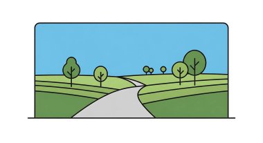 Yol ve yeşil ağaçlarla dolu huzurlu bir kır manzarası.