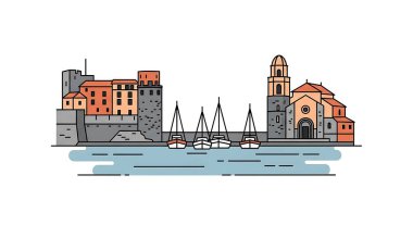 Canlı bir sahil kasabası tasviri. Kıyıya yanaşmış tekneleri var.