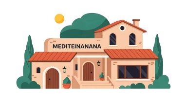 Kırmızı çatılı ve bahçeli Akdeniz tarzı bir evin vektör çizimi