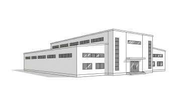 Temiz hatları ve minimalist tasarımı olan çağdaş bir endüstriyel tesisin ayrıntılı çizimi