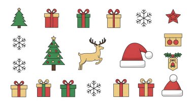 Ağaçlar, hediyeler ve şenlik karakterleri içeren Noel simgeleri koleksiyonu