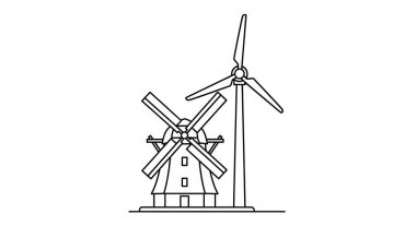 Çağdaş bir rüzgar türbininin yanında klasik bir yel değirmeninin basit çizimi