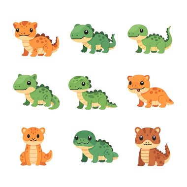 Şirin dinozorlar çizgi film seti, vektör çizimi