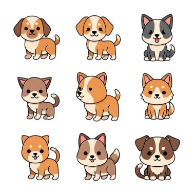 Çizgi film köpeklerinin vektör kümesi. Şirin çizgi film köpeği.