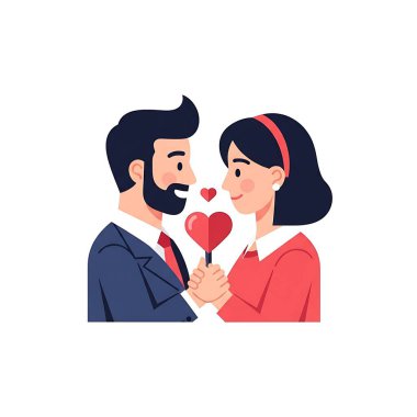 Kalbi tutan mutlu erkek ve kadının düz tasarımı. Romantik çift beyaz arka planda izole edilmiş. Sevgililer Günü tebrik kartı, davetiye, broşür.