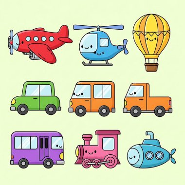 Çizgi film sevimli komik arabalar, renkli vektör çizimleri