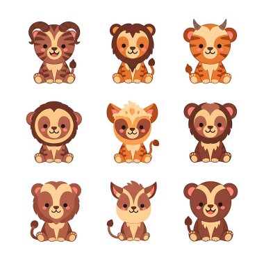 Çizgi film setleri Sevimli aslan, maymun, aslan, maymun, ayı, ayı ve aslan
