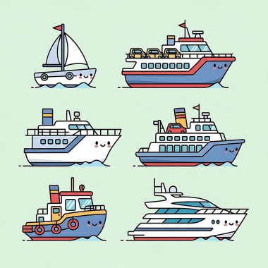 Deniz taşımacılığının vektör kümesi. Gemiler, gemiler ve gemiler. çizgi film vektör illüstrasyonu