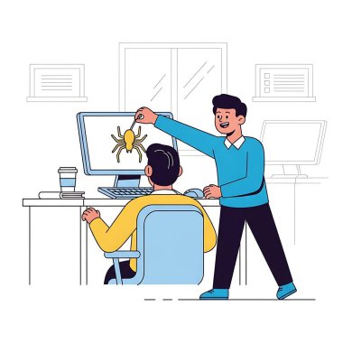 Elinde bilgisayar olan bir adam. Vektör çizimi. çizgi film illüstrasyonu