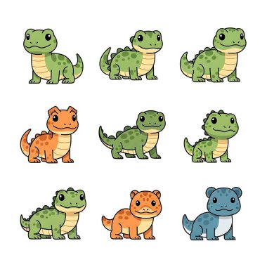 Beyaz arkaplanda sevimli karikatür dinozorları vektörü