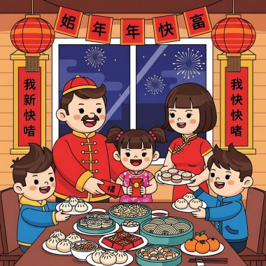 Mutlu Çin Yeni Yılı, vektör çizimi, çizgi film, mutlu aile. Sevimli küçük kız ve oğlan, ebeveynler ve çocuklar Çin 'in yeni yılını kutluyor, Çince