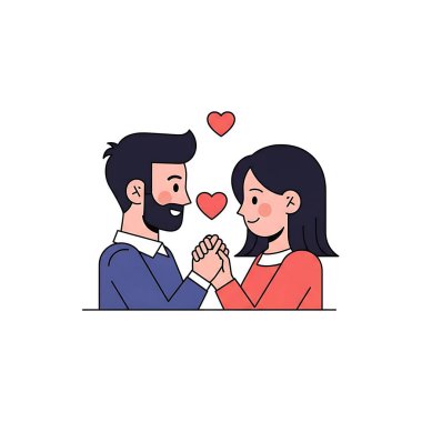 Birbirine aşık iki insan el ele tutuşuyor, el çizimi düz tasarım tarzı.