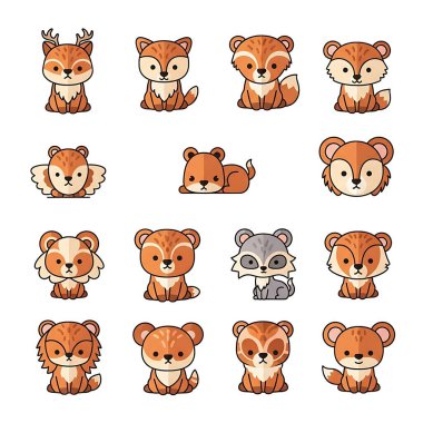 Sevimli bir hayvanla şirin bir kırmızı ayı seti. beyaz arkaplanda izole edilmiş çizgi film vektör çizimleri