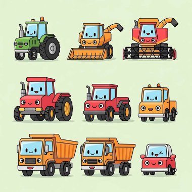 Çekicili komik bir çizgi film setinin vektör seti. Sevimli çizgi film karakterleri. Komik traktör koleksiyonu, çiftlik kamyonu. komik çiftlik hayvanı. vektör illüstrasyonu