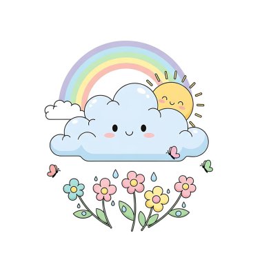 Gökkuşağı kawaii karakterli şirin ve küçük bulutlar