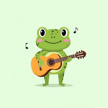 Vektör illüstrasyonu, gitar çalan küçük sevimli kurbağa çizgi film karakteri.