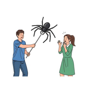 Örümcek ve örümcekli siyah elbiseli bir adam.
