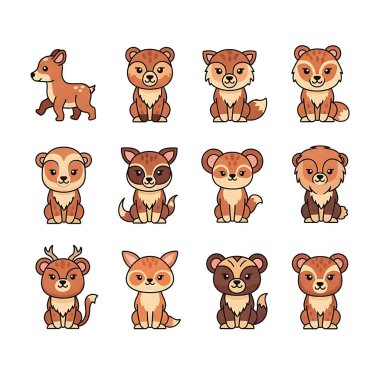 Beyaz arkaplanda sevimli çizgi film köpeklerinin vektör kümesi