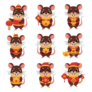 Güzel çizgi film kırmızı fare seti. Farklı pozlarda şirin bir fare. Vektör illüstrasyonu arkaplanda izole edildi
