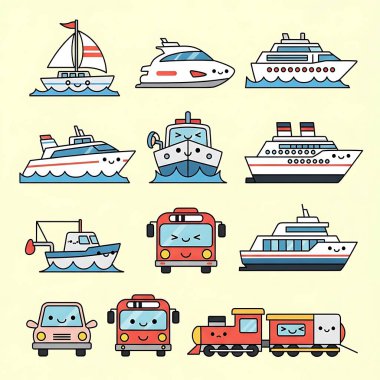 karikatür vektör simgeleri arabalar ve gemi