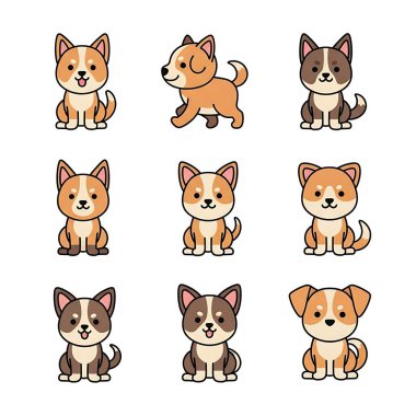 şirin köpek çizgi film seti, vektör illüstrasyonu.