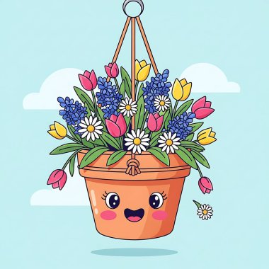 Şirin karikatür çiçek vektör illüstrasyon grafik tasarımlı mutlu bir Paskalya günü.